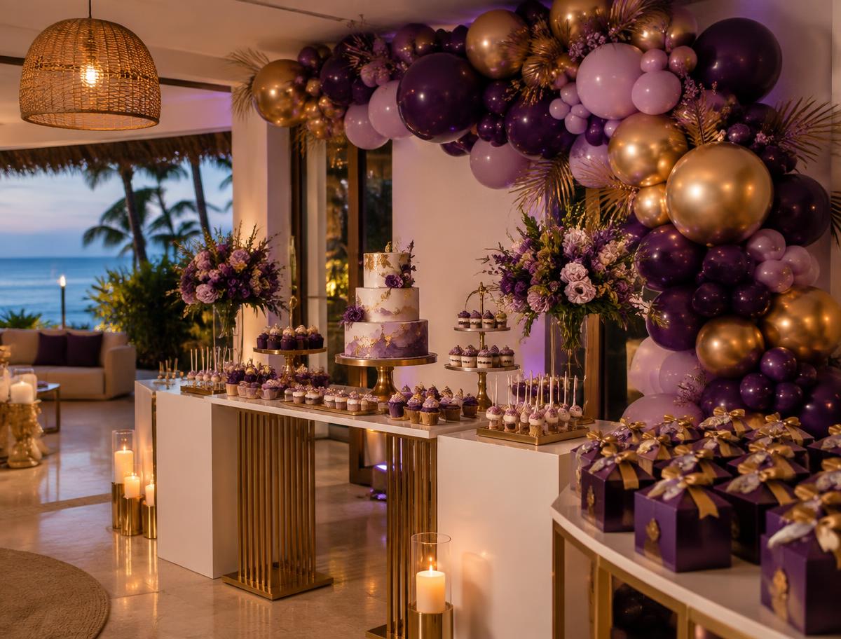 purple gold birthday decor setup Negril Jamaica